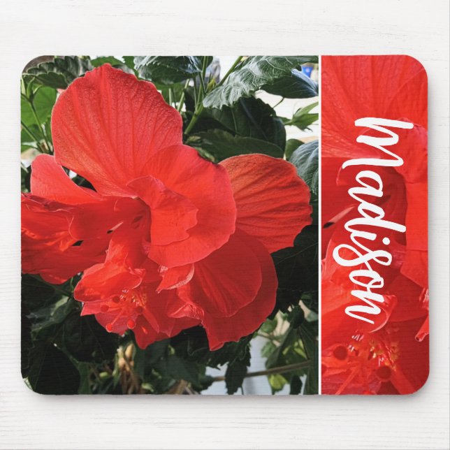 Photo of Orange Double Hibiscus Custom Name Mouse Pad (Front)