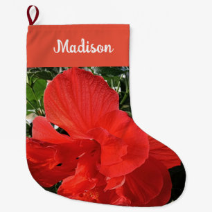 Photo of Orange Double Hibiscus Flower Custom Name Large Christmas Stocking