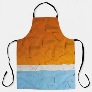 Photo of orange, white, and blue artwork apron