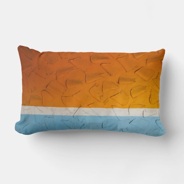 Photo of orange, white, and blue artwork lumbar cushion (Front)