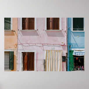 PHOTO OF PINK BUILDING WITH YELLOW DOOR CURTAIN POSTER
