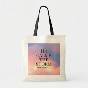 Photo of Pink Sky He Calms the Storm Bible Verse Tote Bag