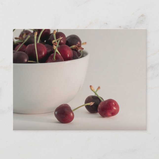 Photo Of Red Fresh Cherries Bowl In Muted Tones Postcard (Front)