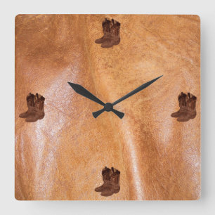 Photo of Rustic Tanned Leather & Real Cowboy Boots Square Wall Clock