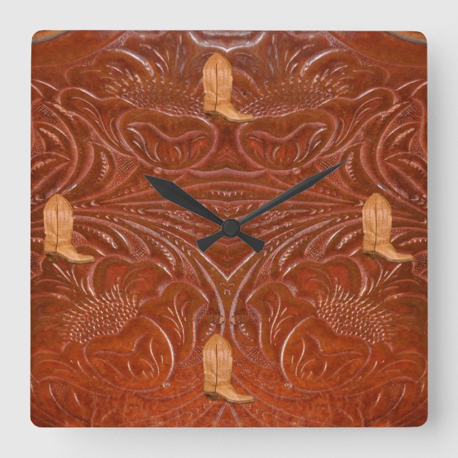 Photo of Rustic Tooled Leather-Look & Cowboy Boots Square Wall Clock (Front)