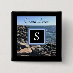 Photo of Sea Waves and Rocks Initial Frame Black 15 Cm Square Badge