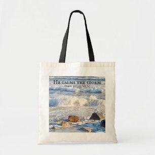 Photo of Stormy Sea He Calms the Storm Bible Verse Tote Bag