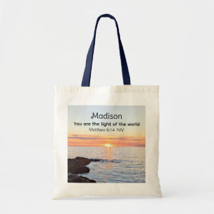 Photo of Sun and Ocean Bible Verse Name Tote Bag