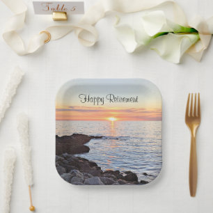 Photo of Sunset Over Ocean Happy Retirement Party Paper Plate