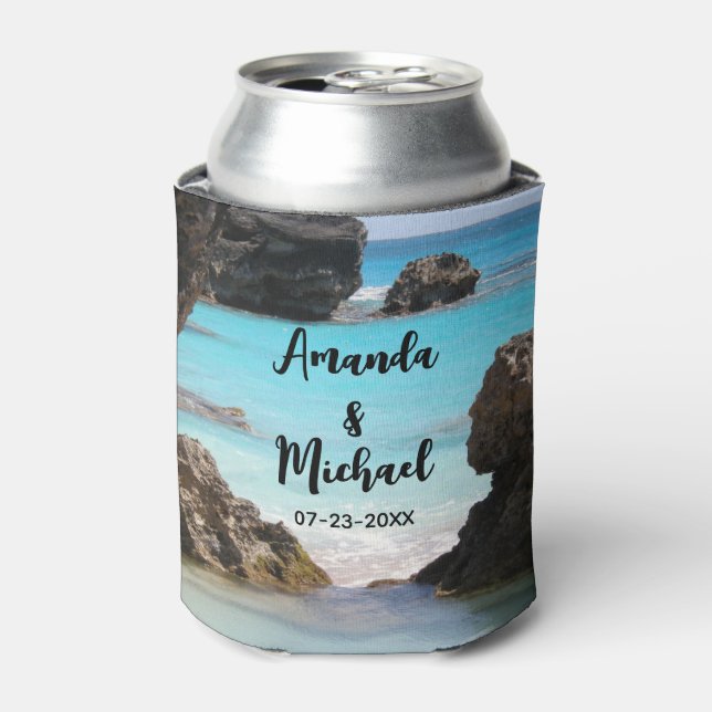 Photo of Tropical Island Coast & Sea Wedding Can Cooler (Can Front)