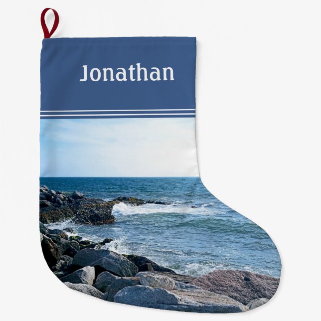 Photo of Wavy Atlantic Ocean Blue Large Christmas  Large Christmas Stocking (Front)