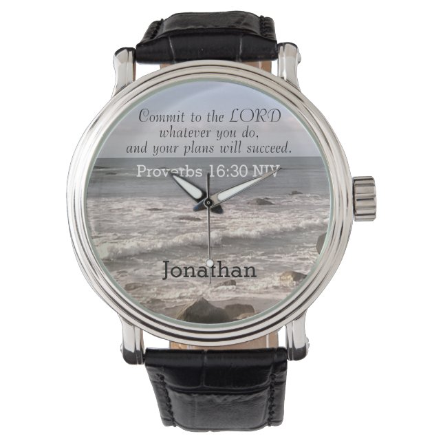 Photo of Wavy Ocean Shore Proverbs Bible Verse Watch (Front)