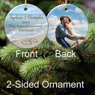 Photo On Back First Christmas Engaged Beach Hearts Ceramic Ornament