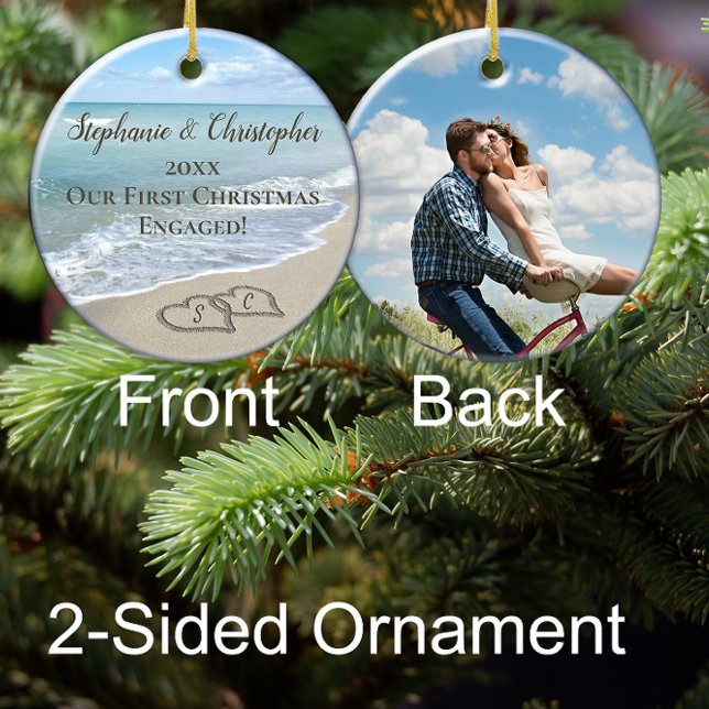 Photo On Back First Christmas Engaged Beach Hearts Ceramic Ornament (beach wedding engagement photo engaged christmas ornament)