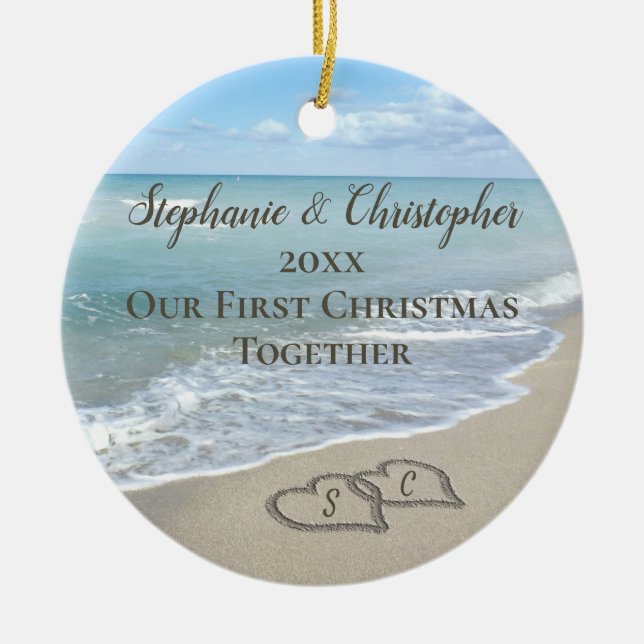 Photo on Back First Christmas Together Beach Ceramic Ornament (Front)