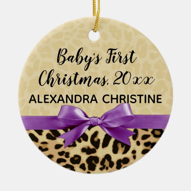 Photo on Back Girl Babys First Christmas Leopard Ceramic Ornament (Front)