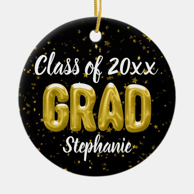 Photo on Back Gold Balloons Senior Graduation Ceramic Ornament (Front)