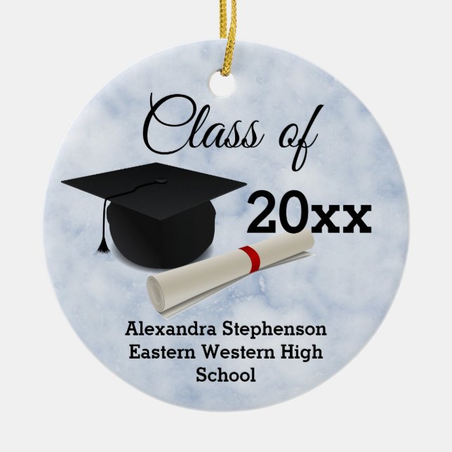 Photo on Back Graduation Cap Diploma Blue Marble Ceramic Ornament (Front)