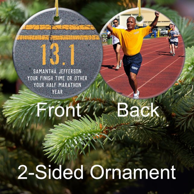 Photo on Back Half-Marathon Runner 13.1 Keepsake Ceramic Ornament (half marathon keepsake photo christmas ornament gift for runner)