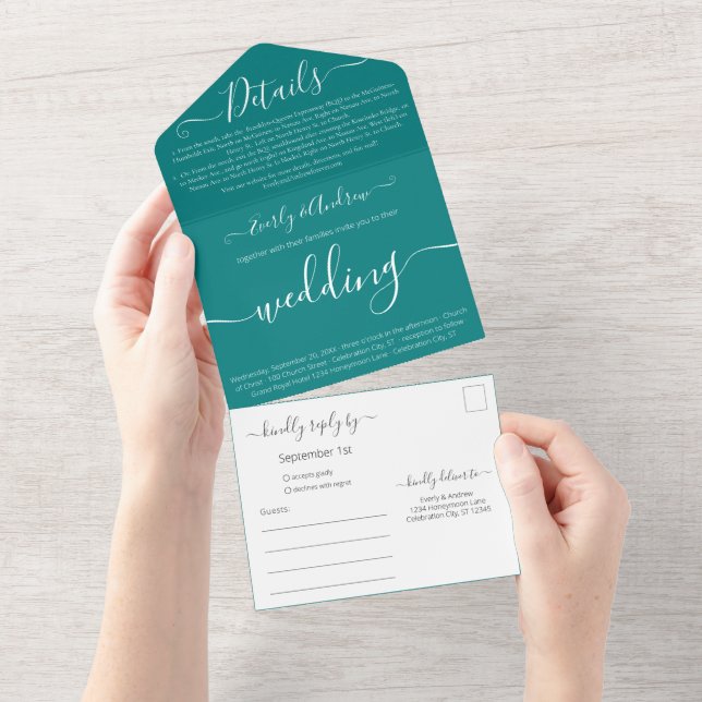 Photo on Back Simple Modern Teal Green Wedding All In One Invitation (Tearaway)