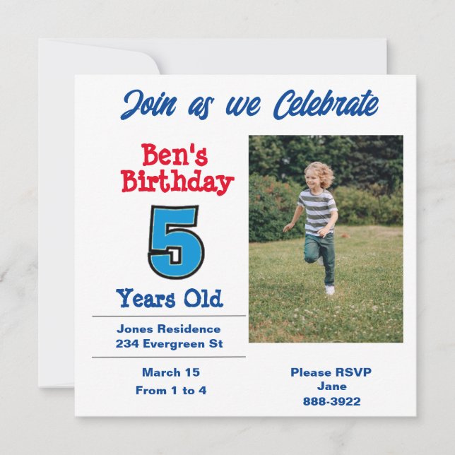 Photo on Five Year Old Boy Party Invitation (Front)