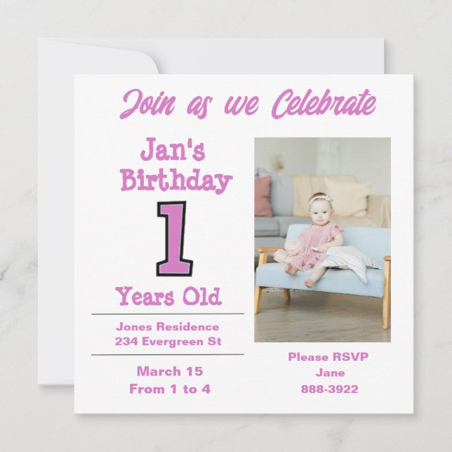 Photo on One Year Old Girl Party Invitation (Front)