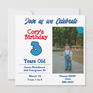 Photo on Three Year Old Boy Party Invitation