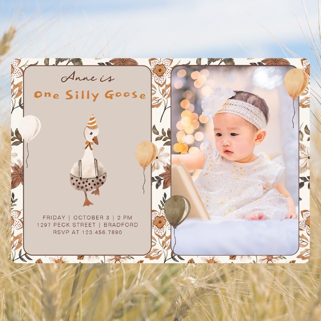 Photo One Silly Goose Neutral 1st Birthday Party  Invitation (Creator Uploaded)