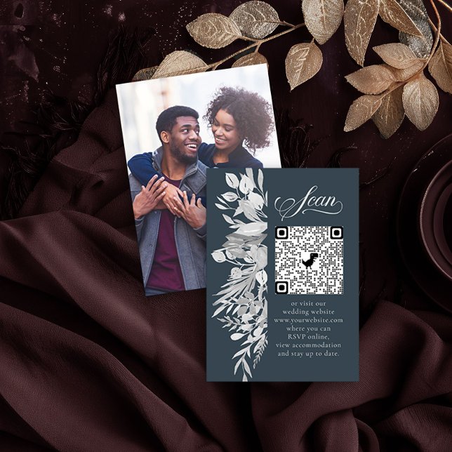 Photo Online RSVP QR Code Burgundy Grey Botanical Enclosure Card (Photo QR Code RSVP Card in Dark Slate Grey from the Foliage Duet Collection by Darling & May)