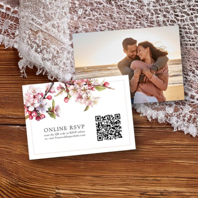 Photo Online RSVP QR Code Cherry Blossom Wedding Card (Online RSVP qr code card with photo from the Cherry Blossom Wedding Collection by Darling & May)