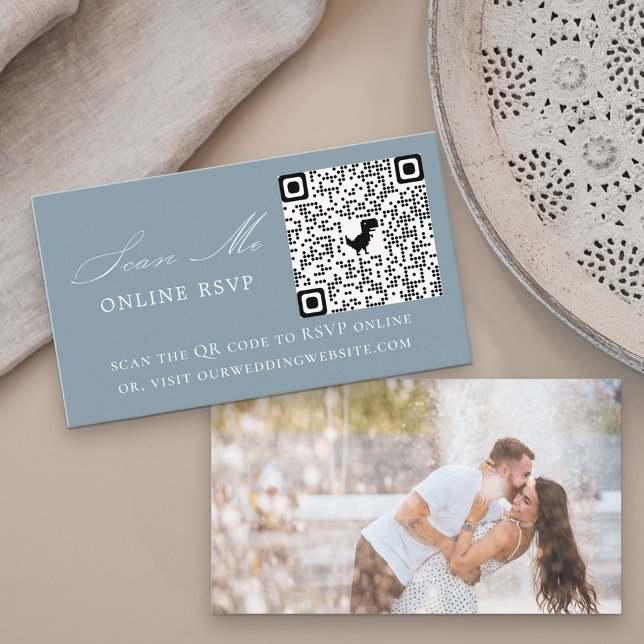 Photo Online RSVP QR Code Dusty Blue Wedding Enclosure Card (Creator Uploaded)