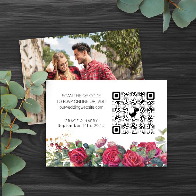 Photo Online RSVP QR Code Red Rose Wedding Website Enclosure Card (Custom Photo Wedding Website QR Code cards from my Red Rose and Eucalyptus Wedding Collection)