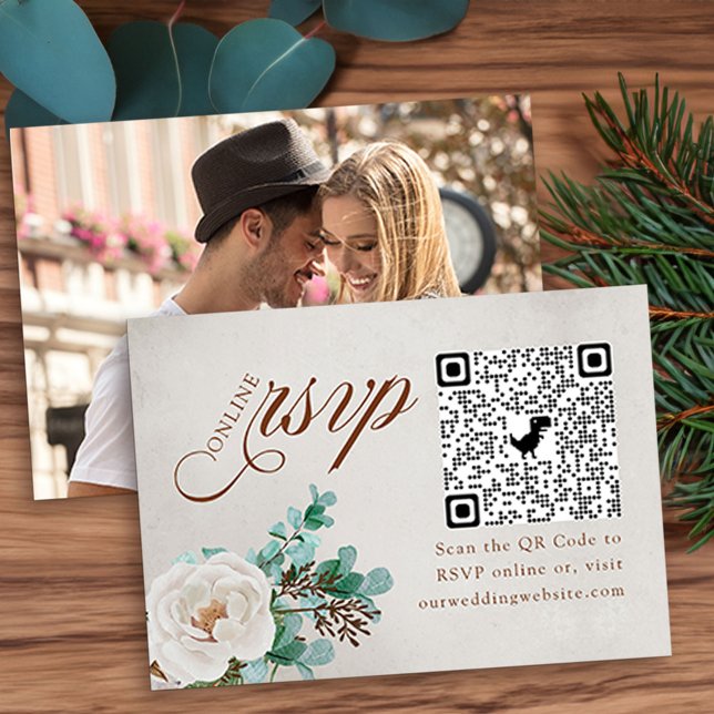 Photo Online RSVP QR Code White Rose Eucalyptus Enclosure Card (Winter Wedding Online RSVP Card with QR code, photo, elegant calligraphy, white rose and eucaluptus)