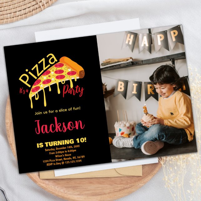 Photo Orange Black Red Pizza Birthday Invitations (Photo Orange Black Red Pizza Birthday Invitations)