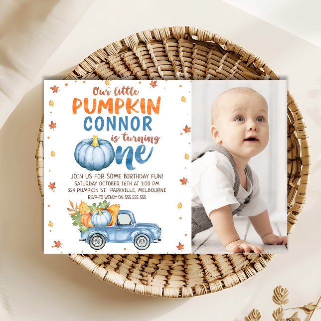 Photo Orange Blue Little Pumpkin 1st Birthday Invitation (Pumpkin 1st Birthday Invitation, Little Pumpkin 1st Birthday Invitation Template Boy, Pumpkin Truck )