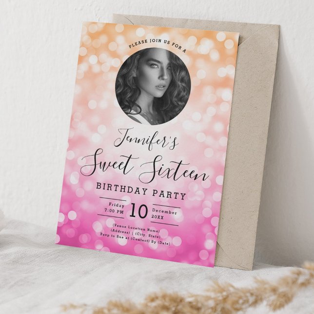 PHOTO Orange Pink Bokeh Lights Sweet 16 Party Invitation (PHOTO Orange Pink Bokeh Lights Sweet 16 Party Invitation)