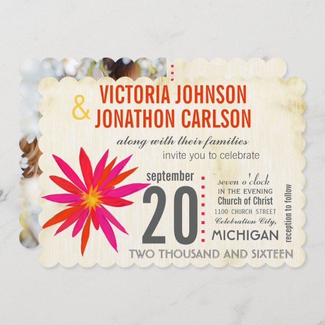 Photo Orange  Pink Modern Daisy Wedding Invite (Front/Back)