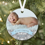 Photo Ornament | Baby Boy First Christmas<br><div class="desc">"My First Christmas" banner and snowflake border photo ornament design can be personalised with the baby boy's name and birth year. Light blue,  grey and white colours.</div>