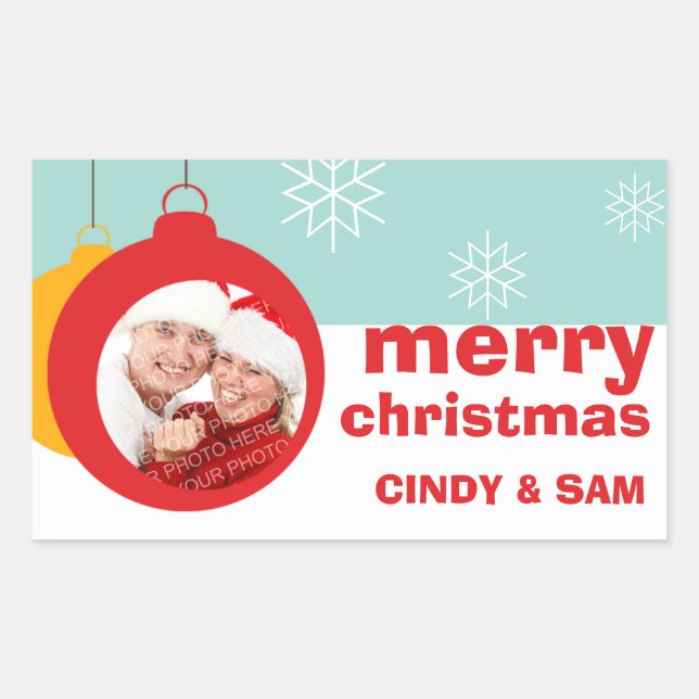 Photo ornament fun Merry Christmas large favour ta Rectangular Sticker (Front)