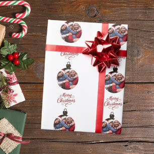 Photo ornament fun script Christmas Wrapping Paper