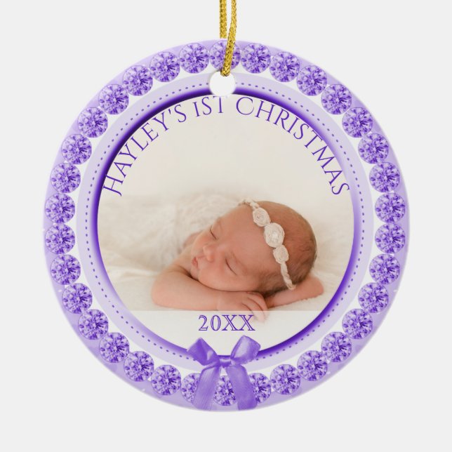 Photo Ornament | Purple Baby Girl First Christmas (Front)