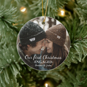 Photo Our First Christmas Engaged Whimsical Script Ceramic Ornament