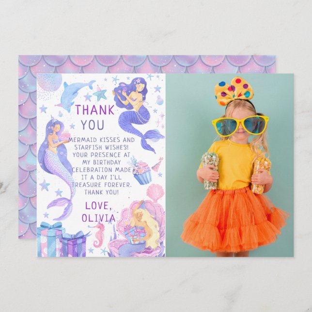 Photo Our Little Mermaid All Ages Birthday Thank You Card (Front/Back)