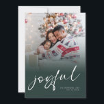 Photo Overlay 2025 Calendar Joyful Christmas Green Holiday Card<br><div class="desc">Family Photo Overlay 2025 Calendar Joyful Script Christmas Dark Green. Available digitally and printed. Simply replace the sample photo with your own and personalise with your names and year. Joyful is in a stylish playful set script in white which can be changed to another colour if you so wish. On...</div>