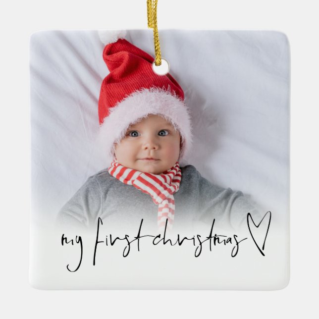 Photo Overlay Baby First Christmas Name Birth Date Ceramic Ornament (Front)
