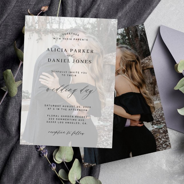 Photo overlay black and white modern wedding invitation (Creator Uploaded)