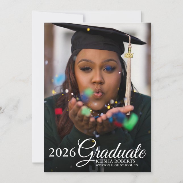 Photo Overlay Black Gold Marble Graduation Announcement (Front)