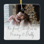 Photo Overlay First Christmas Mummy Daddy Ceramic Ornament<br><div class="desc">Photo Overlay First Christmas Mummy Daddy Names Year. To celebrate your 1st holiday season as parents and keepsake for years to come, easily personalise your names and year on the back. With an elegant set script for Our First Christmas as Mummy & Daddy along with your photo on the front....</div>