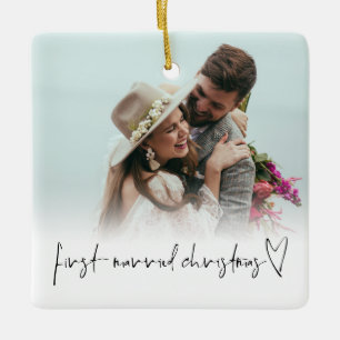 Photo Overlay First Married Christmas Names Year  Ceramic Ornament