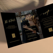 Photo overlay gold black RSVP details QR wedding